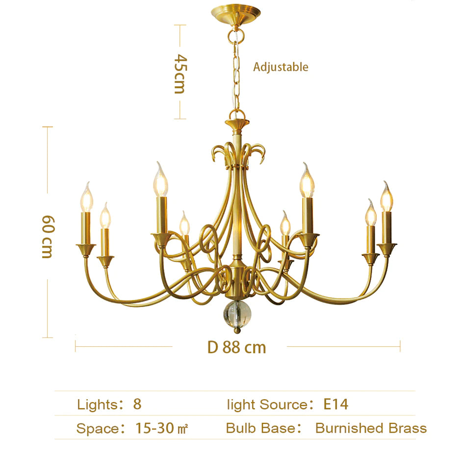 Candle Light Chandelier|Farmhouse Ceiling Fixtures|Natural Brass E14 Adjustable Length