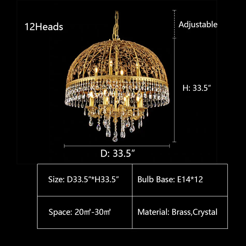 Baroque Luxury Full Copper Crystal Pendent Candle Chandelier for Entryway/Foyer/Dining Room