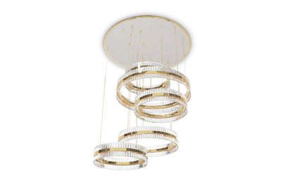 Modern Luxury 5-Ring Crystal Chandelier in Gold Finish for Staircase