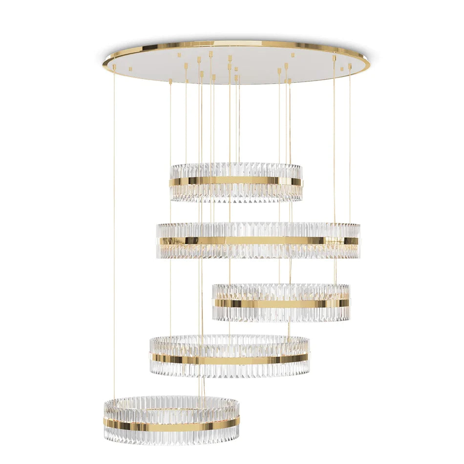 Modern Luxury 5-Ring Crystal Chandelier in Gold Finish for Staircase