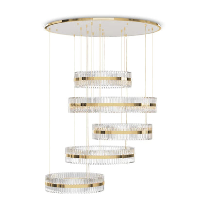 Modern Luxury 5-Ring Crystal Chandelier in Gold Finish for Staircase