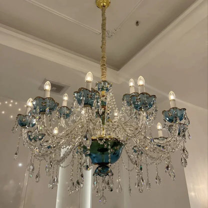 French Romantic Blue Crystal Designer Chandelier Modern Art Candle Branch Light Fixture for Bedroom/Living Room/Dining Room