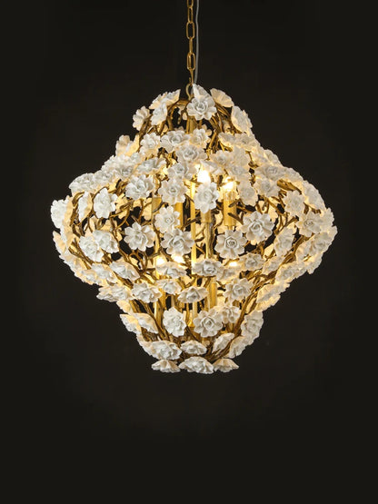 Post-Modern Light Luxury Brass and Ceramics Flower Art Chandelier for Living/Dining Room/Bedside/Hallway