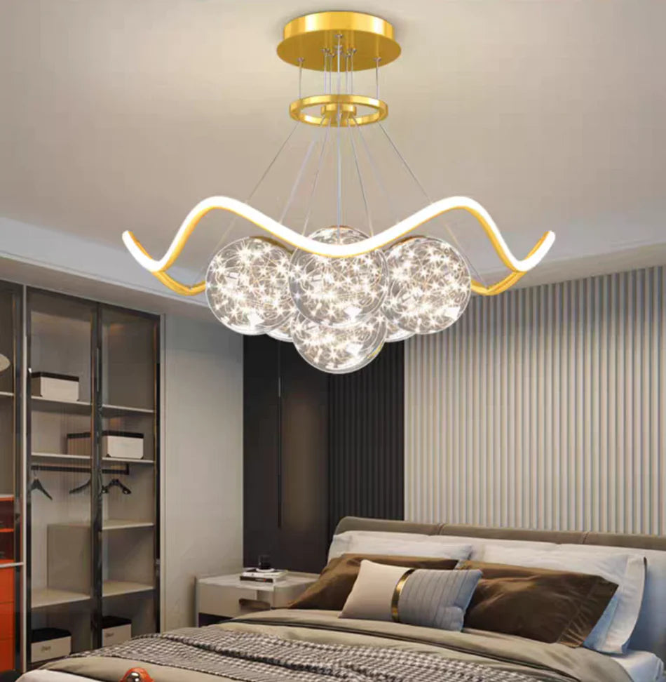 Modern Round Full Sky Star Light Transparent Glass Ball Chandelier for Living/Dining Room/Bedroom