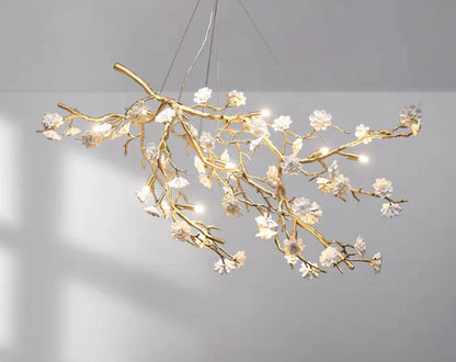 Post-Modern Art Brass and Ceramics Flower Pendant Branch Chandelier for Living/Dining Room