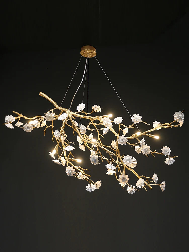 Post-Modern Art Brass and Ceramics Flower Pendant Branch Chandelier for Living/Dining Room