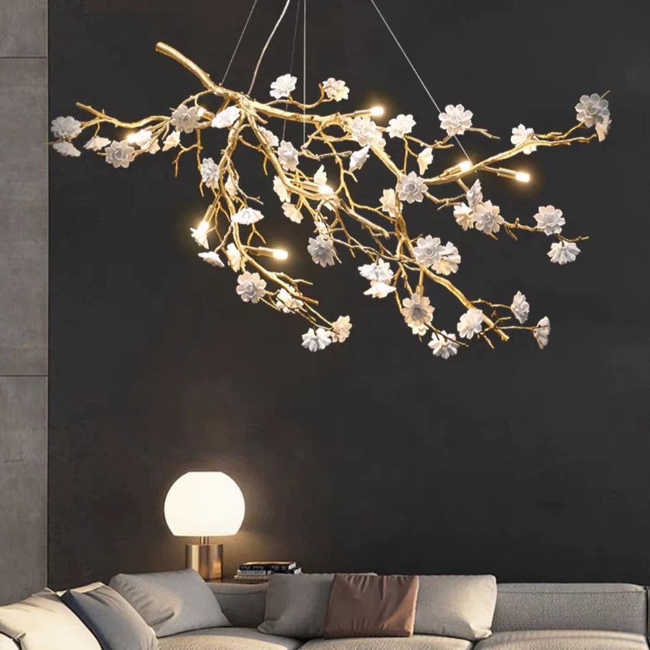 Post-Modern Art Brass and Ceramics Flower Pendant Branch Chandelier for Living/Dining Room