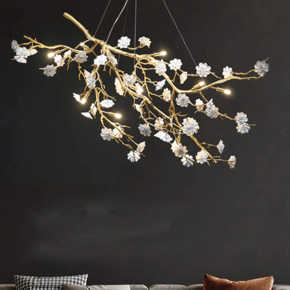 Post-Modern Art Brass and Ceramics Flower Pendant Branch Chandelier for Living/Dining Room