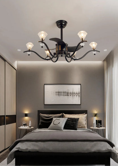 Black Fan Light Branch Facet Diamond Crystal Fan Blade Chandelier for Living/Dining Room/Bedroom