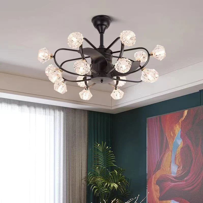 Black Fan Light Branch Facet Diamond Crystal Fan Blade Chandelier for Living/Dining Room/Bedroom