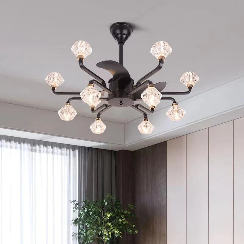 Black Fan Light Branch Facet Diamond Crystal Fan Blade Chandelier for Living/Dining Room/Bedroom