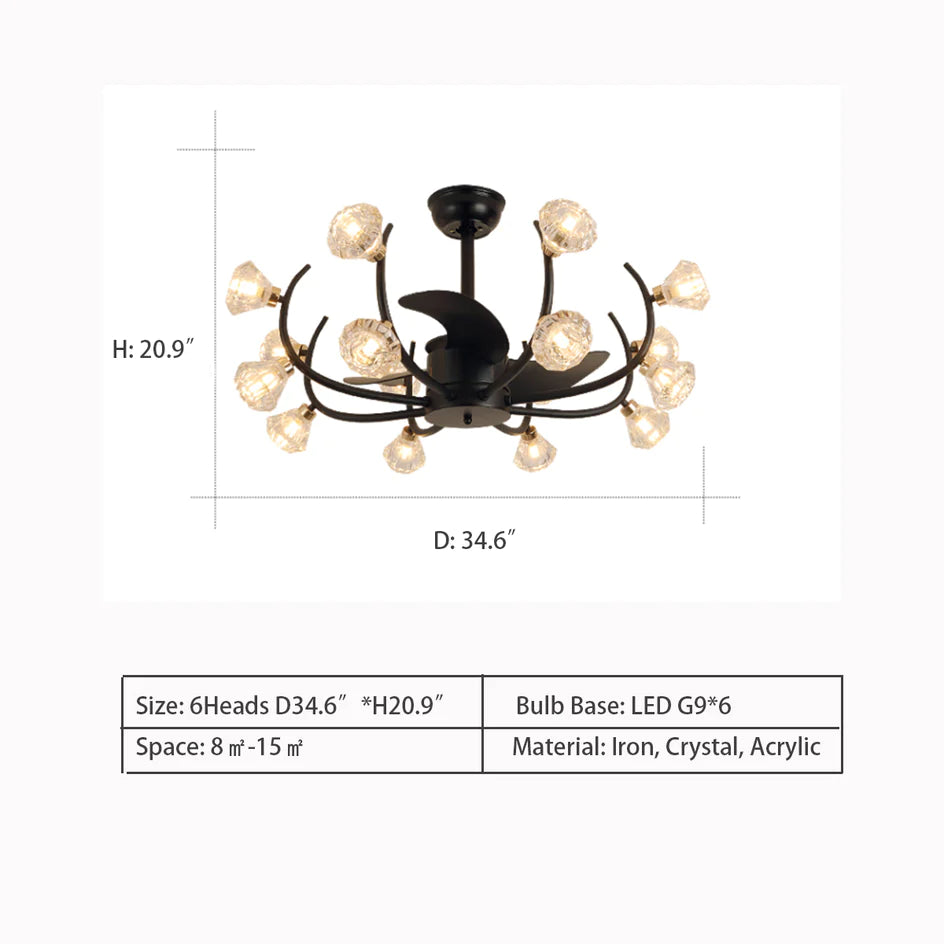 Black Fan Light Branch Facet Diamond Crystal Fan Blade Chandelier for Living/Dining Room/Bedroom