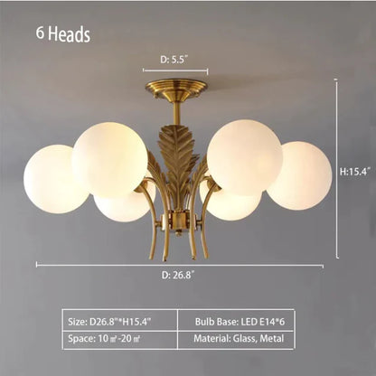 Modern Sputnik White Glass Sphere Golden Feather Chandelier for Living Room/Bedroom/Entryance