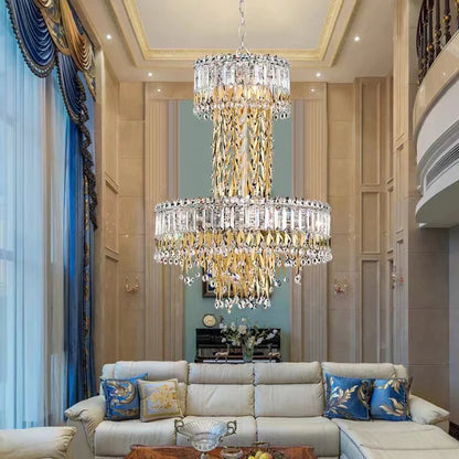 Modern Luxury 2 Layers Crystal Rod Gold Leaves Pendant Light for Living Room/Bedroom