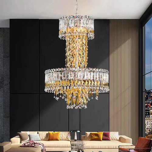 Modern Luxury 2 Layers Crystal Rod Gold Leaves Pendant Light for Living Room/Bedroom