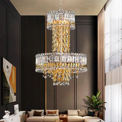 Modern Luxury 2 Layers Crystal Rod Gold Leaves Pendant Light for Living Room/Bedroom