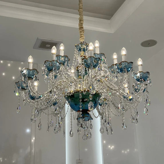 French Romantic Blue Crystal Designer Chandelier Modern Art Candle Branch Light Fixture for Bedroom/Living Room/Dining Room