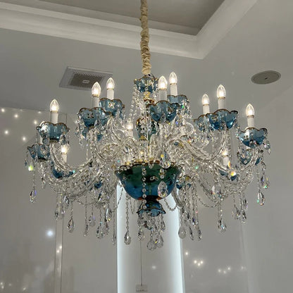 French Romantic Blue Crystal Designer Chandelier Modern Art Candle Branch Light Fixture for Bedroom/Living Room/Dining Room