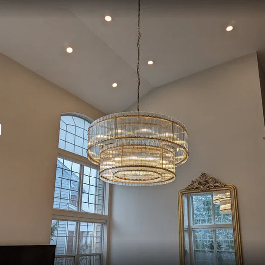 Modern 2-Tier Round Handmade Fluted Glass Panels Chandelier