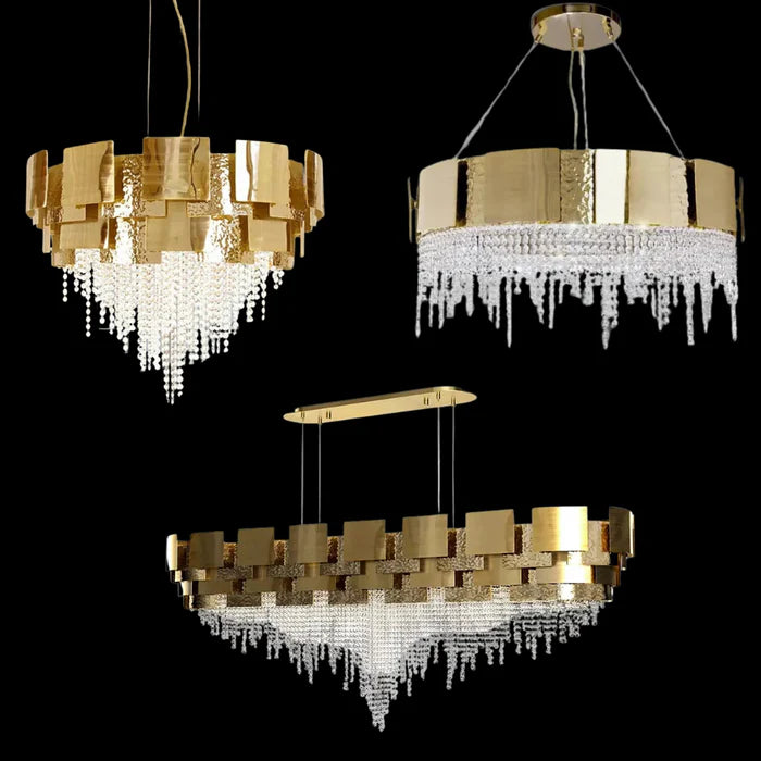 Post-modern Light Luxury Oval/Round Tiered Tassel Crystal Chandelier in Gold Finish for Living/Dining Room