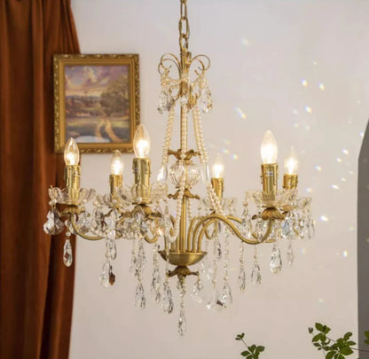 Vintage Romantic Pearl Brass Princess Style Candle Chandelier for Bedroom/ Restaurant/L