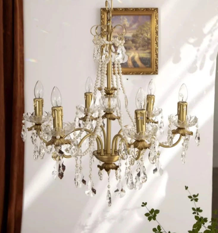 Vintage Romantic Pearl Brass Princess Style Candle Chandelier for Bedroom/ Restaurant/L