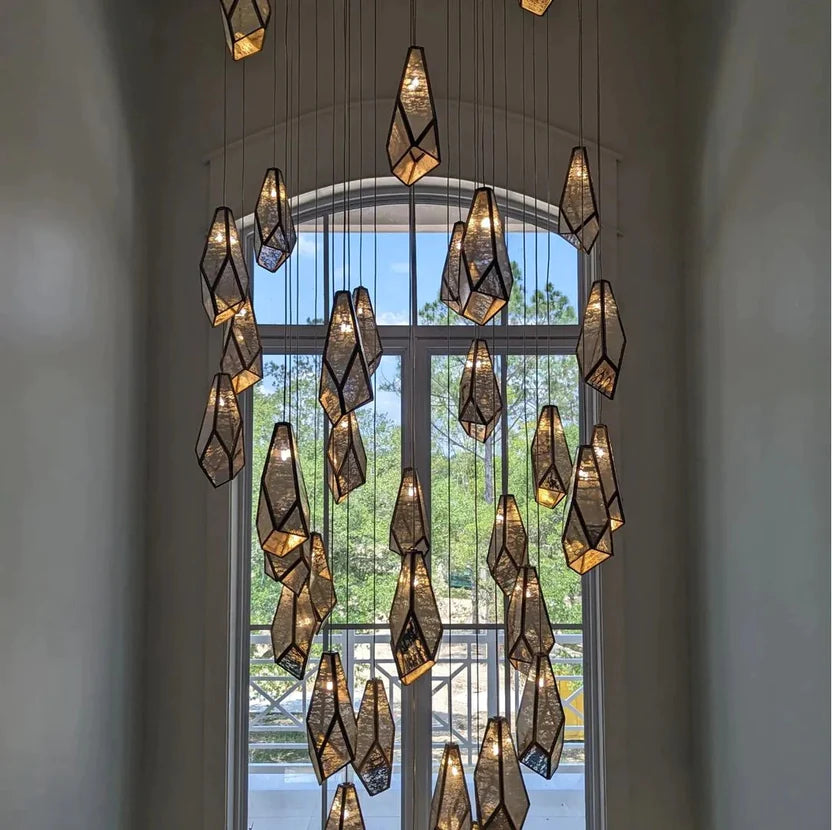 Irregular Cutting Diamond Multi-Drop Suspension Pendant Chandelier in Antique Brass Finish