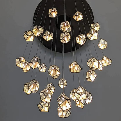 Irregular Cutting Diamond Multi-Drop Suspension Pendant Chandelier in Antique Brass Finish