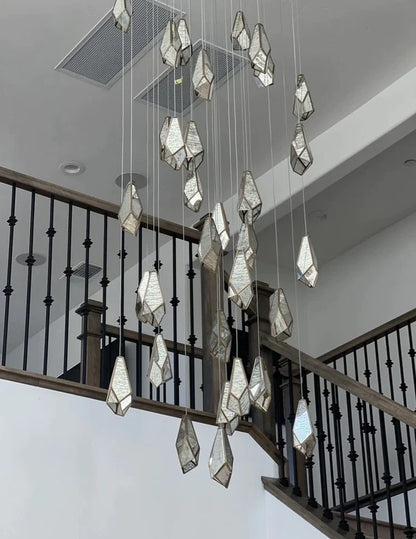 Irregular Cutting Diamond Multi-Drop Suspension Pendant Chandelier in Antique Brass Finish