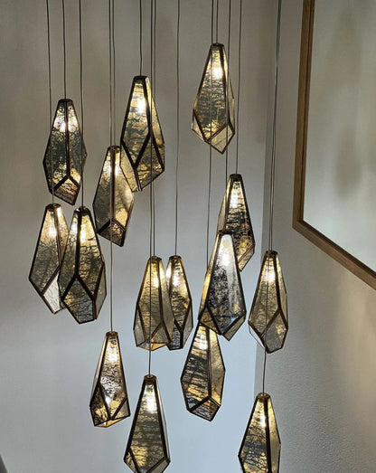 Irregular Cutting Diamond Multi-Drop Suspension Pendant Chandelier in Antique Brass Finish