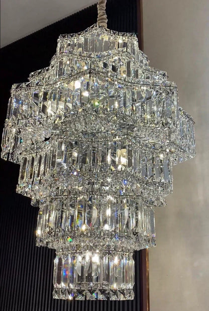 Extra Large Plaza Hall Multi-Tier Crystal Chandelier Foyer Living Room Staircase Ceiling Lighting Fixture In Chrome/ Silver Finish