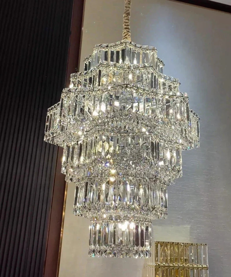 Extra Large Plaza Hall Multi-Tier Crystal Chandelier Foyer Living Room Staircase Ceiling Lighting Fixture In Chrome/ Silver Finish