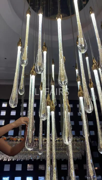 Foyer Glass Drops Pendant Chandelier Spiral Staircase High Ceiling Light Fixture In Gold Finish