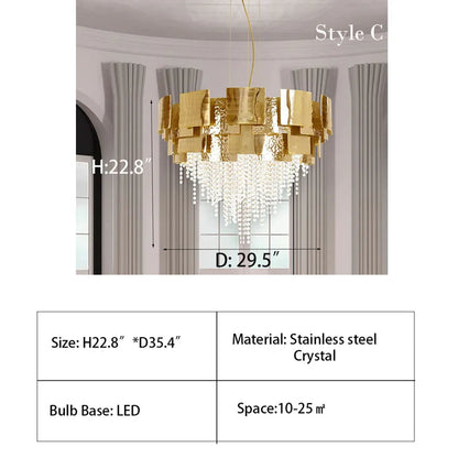 Post-modern Light Luxury Oval/Round Tiered Tassel Crystal Chandelier in Gold Finish for Living/Dining Room