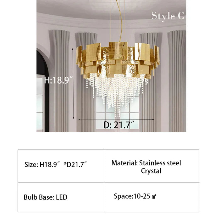 Post-modern Light Luxury Oval/Round Tiered Tassel Crystal Chandelier in Gold Finish for Living/Dining Room