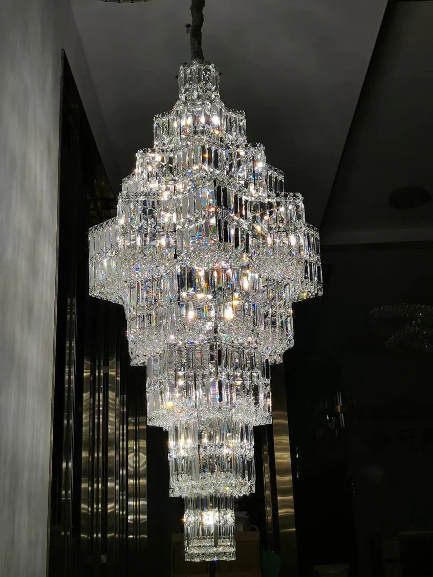 Extra Large Plaza Hall Multi-Tier Crystal Chandelier Foyer Living Room Staircase Ceiling Lighting Fixture In Chrome/ Silver Finish