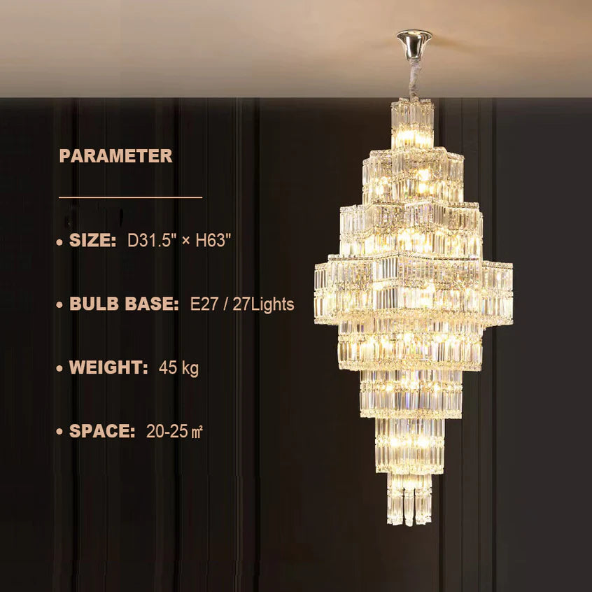 Extra Large Plaza Hall Multi-Tier Crystal Chandelier Foyer Living Room Staircase Ceiling Lighting Fixture In Chrome/ Silver Finish