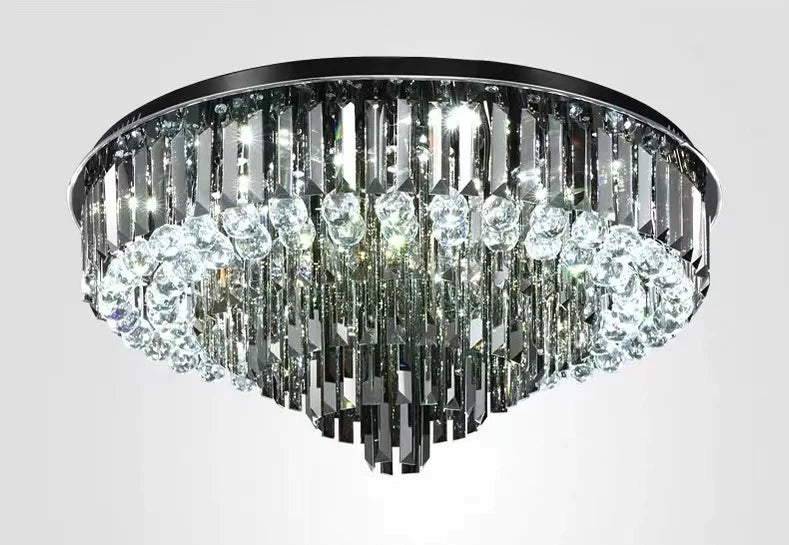 Light Luxury Smoke Gray Round Crystal Flush Mount Chandelier