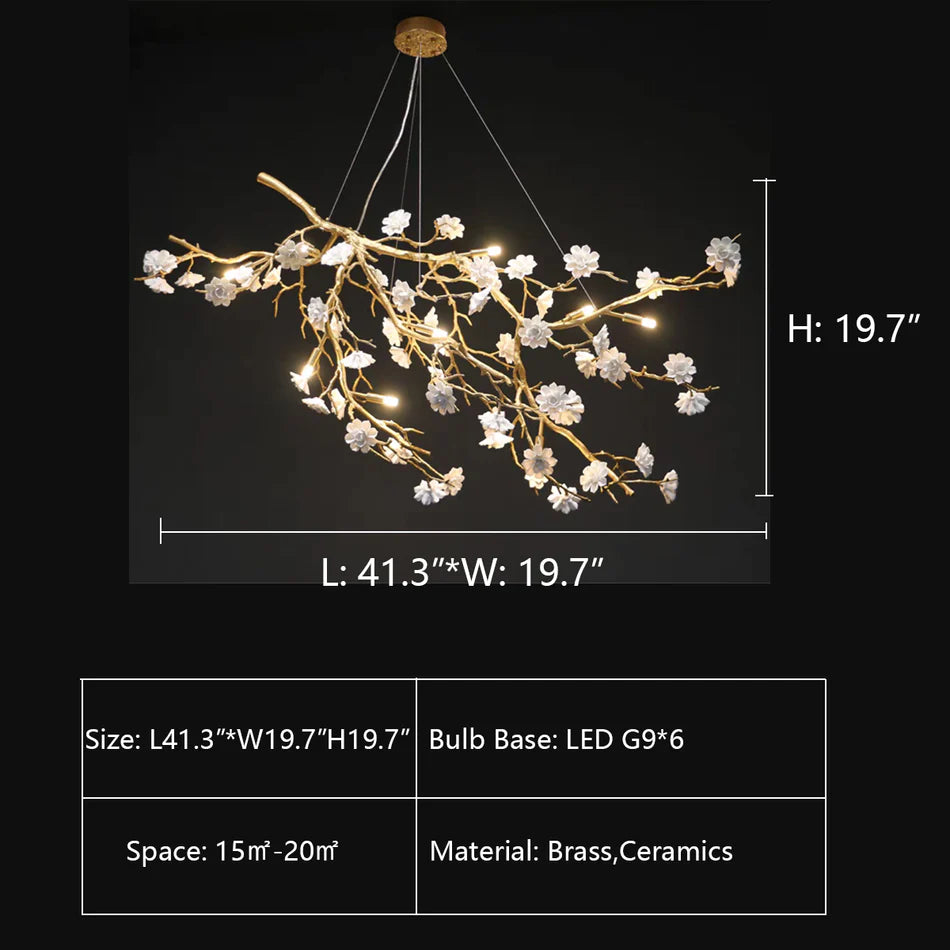 Post-Modern Art Brass and Ceramics Flower Pendant Branch Chandelier for Living/Dining Room