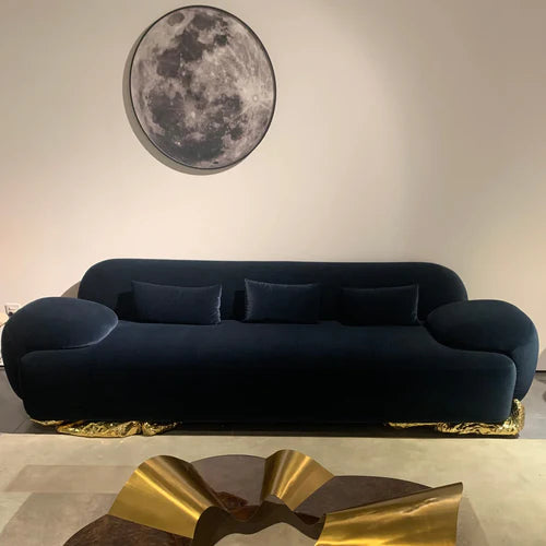 Luxury Dark Peacock Blue Fabric Copper Decoration Sofa