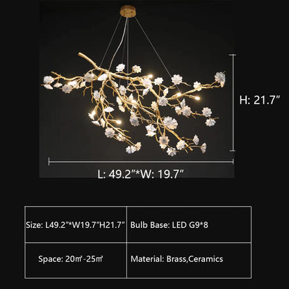 Post-Modern Art Brass and Ceramics Flower Pendant Branch Chandelier for Living/Dining Room