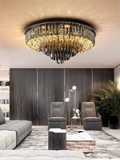 Light Luxury Smoke Gray Round Crystal Flush Mount Chandelier