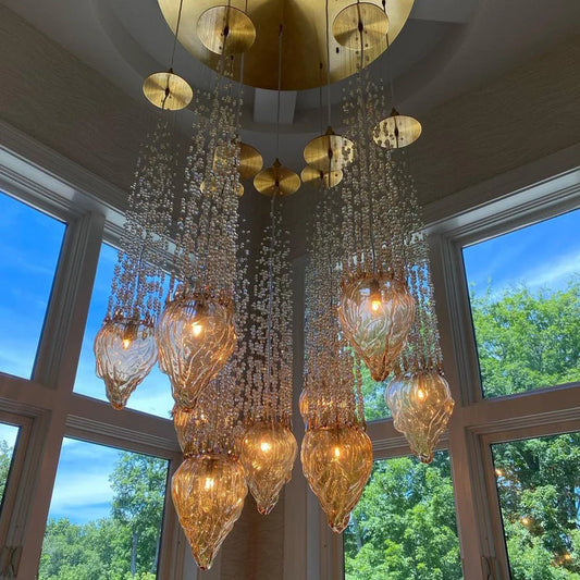 Modern Floating Blown Amber Glass Chandelier for High-ceiling