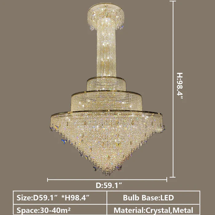 European-style Oversized Luxury Tiered Crystal Chandelier in Gold Finish Art Butterfly Crystal Decorative Light Fixture for Foyer/Staircase