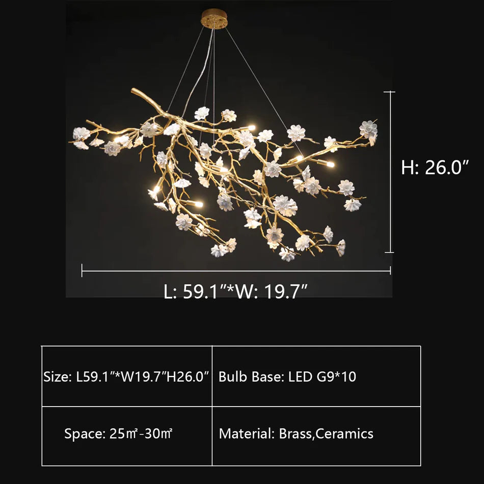 Post-Modern Art Brass and Ceramics Flower Pendant Branch Chandelier for Living/Dining Room