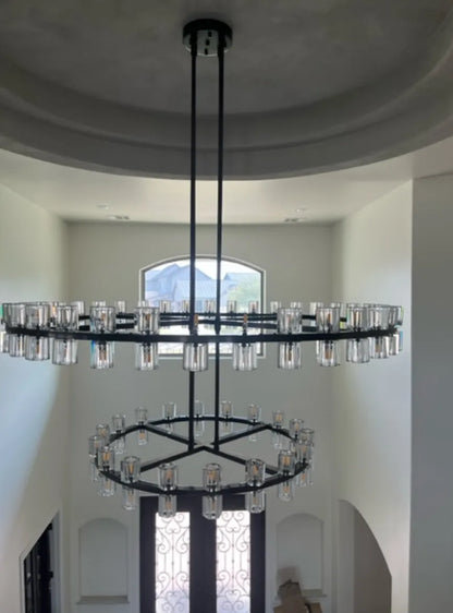 Modern Round 1/2-Tier Brass/Black/Chrome Rings Crystal Chandelier