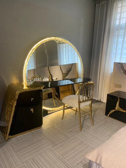 Luxury Brass Finish Marble Dressing Table&Silver Crackle Dressing Mirror