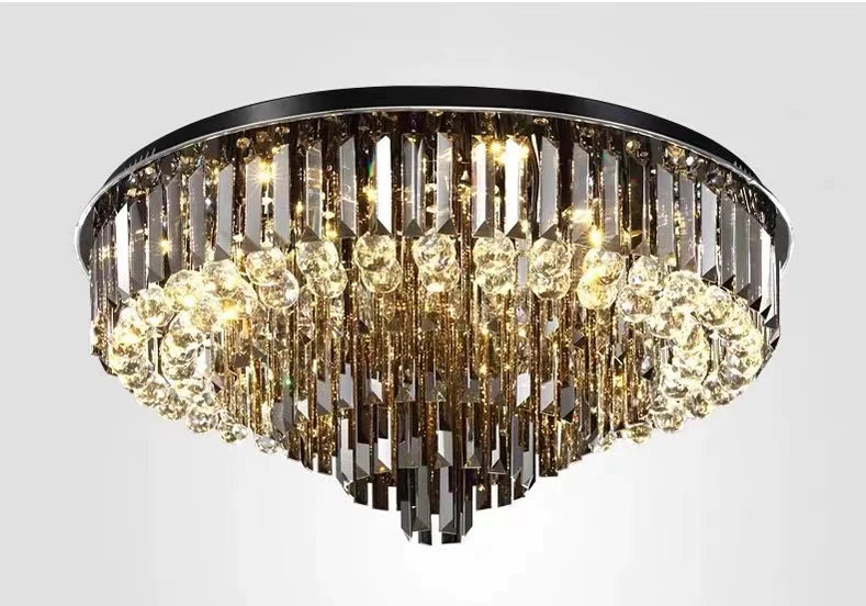 Light Luxury Smoke Gray Round Crystal Flush Mount Chandelier