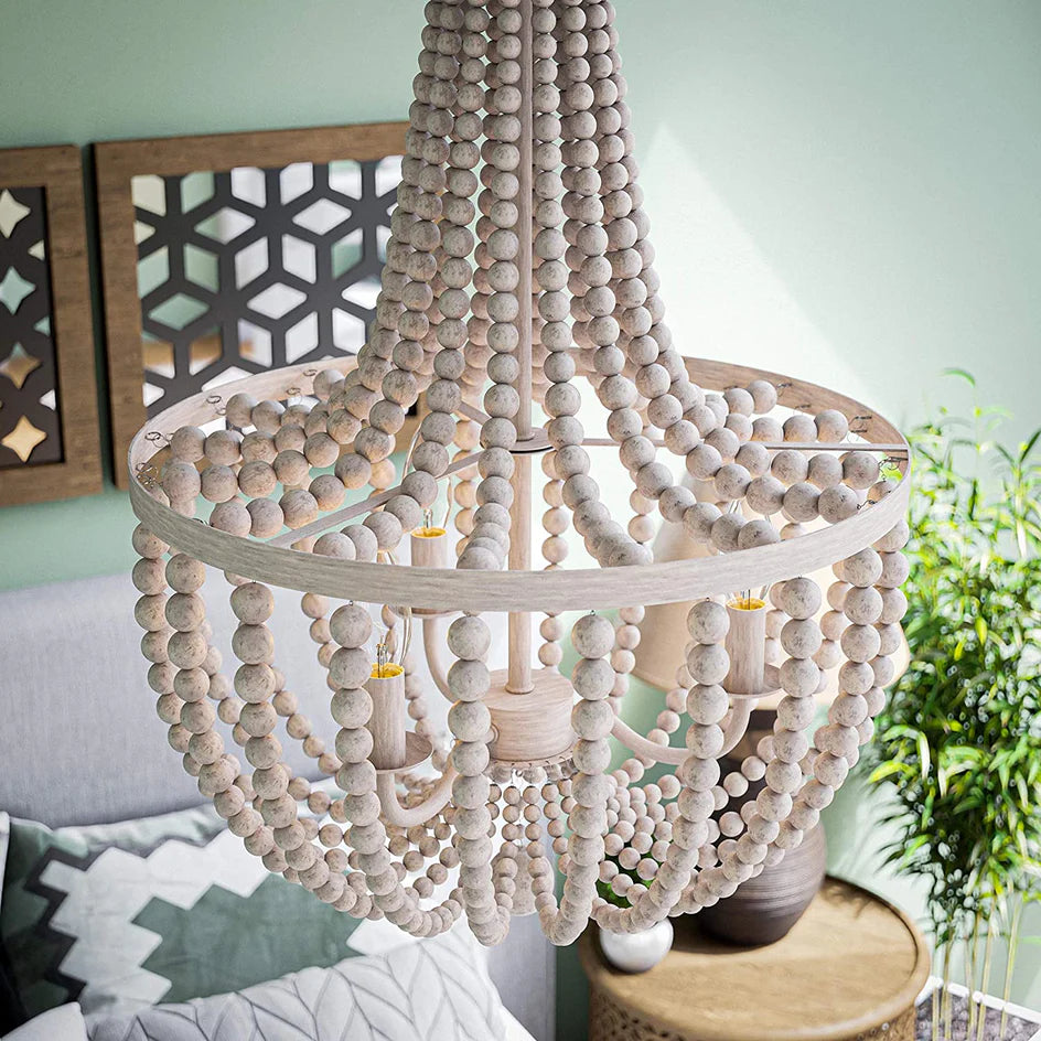 White Wooden Beaded Chandelier Creative Ceiling Light Girls Room