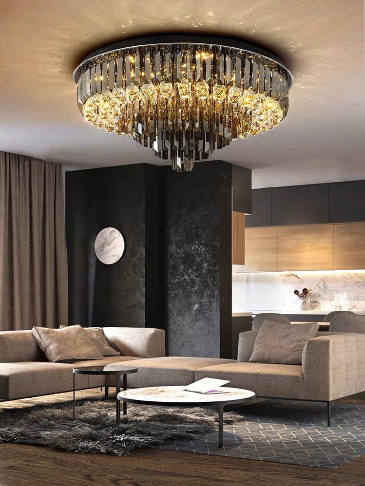 Light Luxury Smoke Gray Round Crystal Flush Mount Chandelier